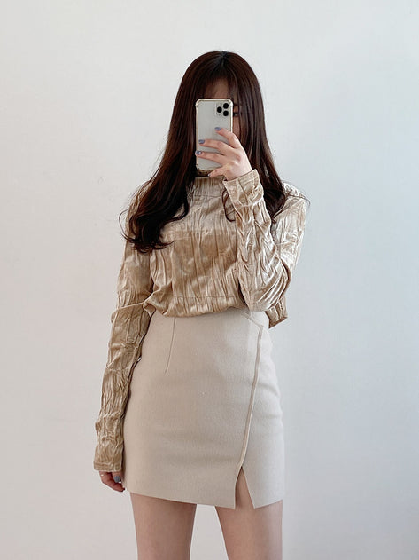 Lady Wool Diagonal Slit Mini Skirt