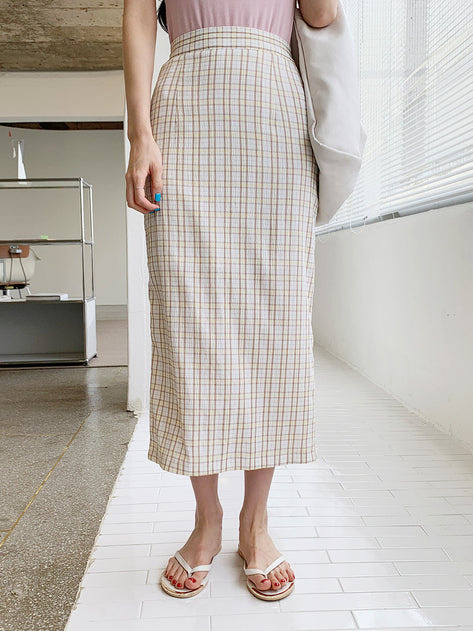 Painted check slit long skirt 