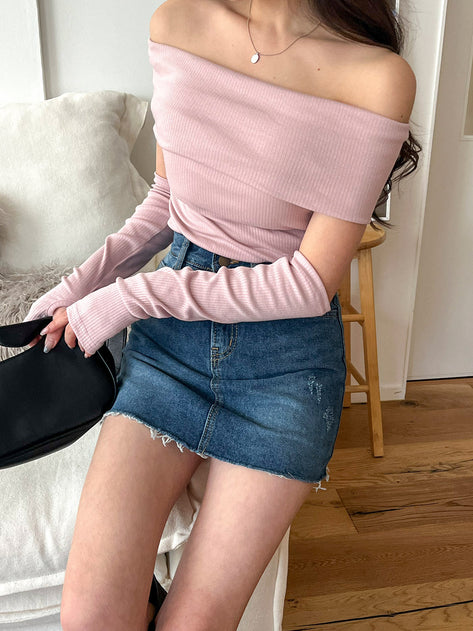 Richhen Damage Cut Denim Mini Skirt