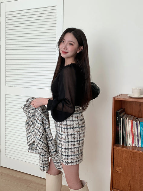 Leharchi tweed back banding mini skirt