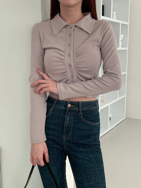 허니틴 떡 칼라 셔링 버튼 긴 소매 자르기 티셔츠
