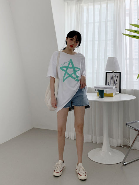 GIRLIGHT star printing short-sleeved box T-shirt 
