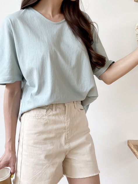 Eco -sey V neck Nagan Unbalanced Short Sleeve T -shirt